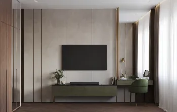 Интерьер спальни с телевизором на стене  смотреть на Basicdecor