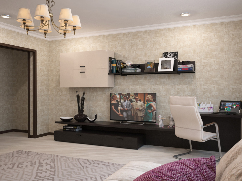 Интерьер гостиной c рабочим местом и керамогранитом на стену с телевизором в неоклассике