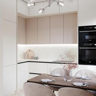 Интерьер кухни cветильниками над столом и с подсветкой  смотреть на Basicdecor