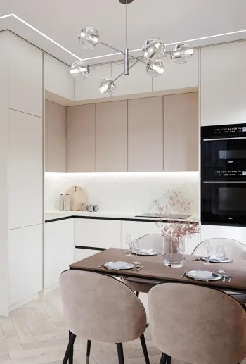 Интерьер кухни cветильниками над столом и с подсветкой  смотреть на Basicdecor