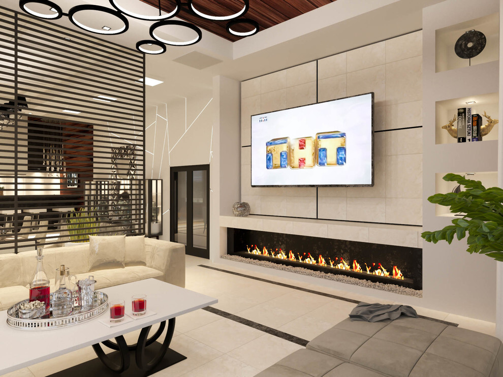 Интерьер гостиной cтеной с телевизором, телевизором на стене и подсветкой настенной