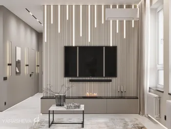 Интерьер гостиной с телевизором на рейках  смотреть на Basicdecor