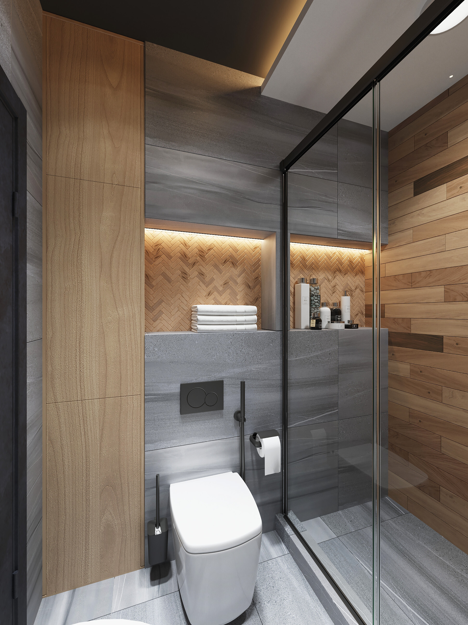 Интерьер ванной cовмещенным санузлом в стиле лофт и скандинавском стиле