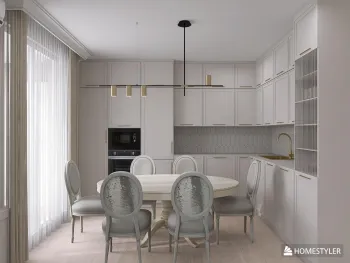 Интерьер кухни cветильниками над столом  смотреть на Basicdecor