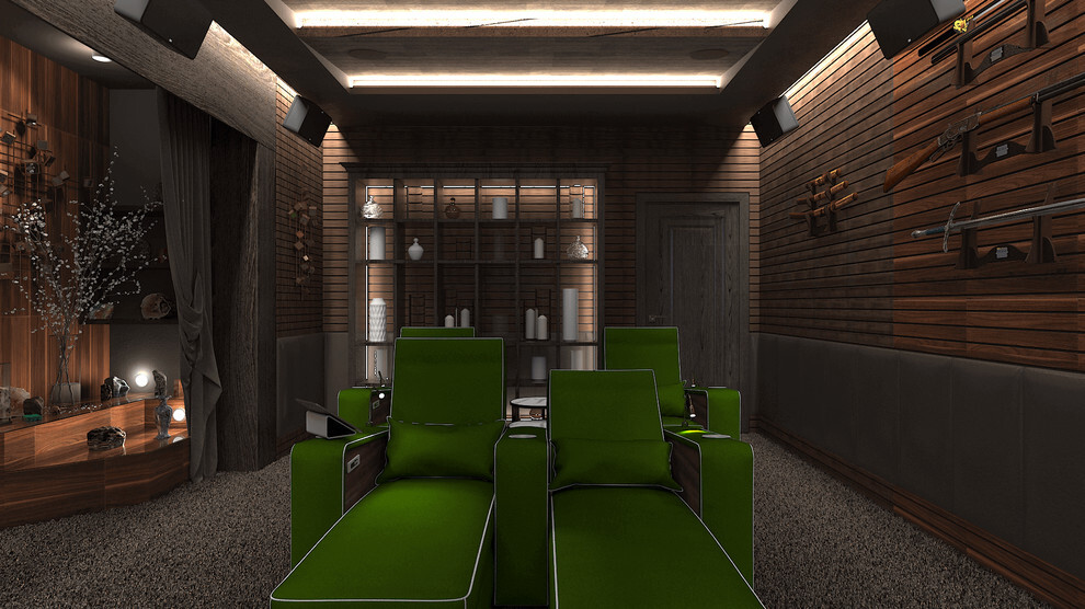 Интерьер офиса cауной и рейками с подсветкой в современном стиле