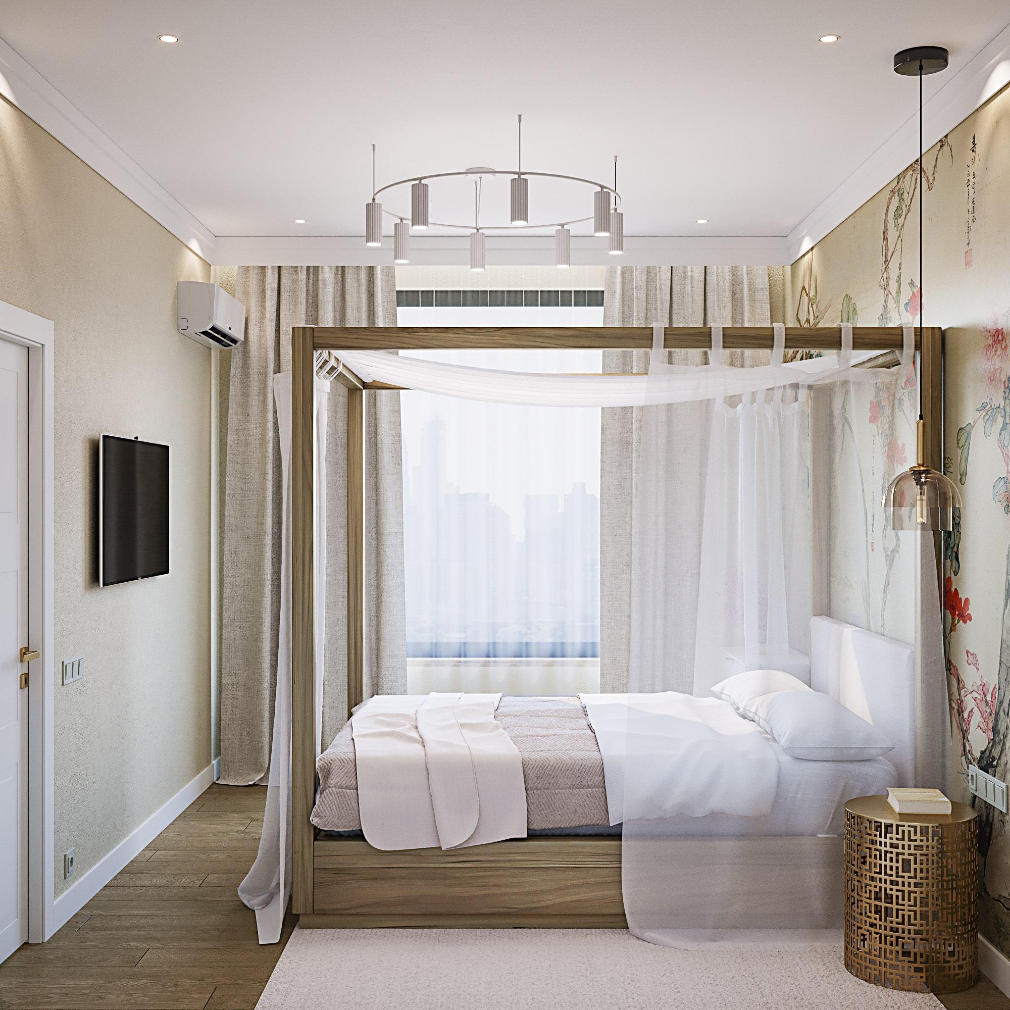 Интерьер с зонированием шторами, кроватью у двери, кроватью под потолком, светильниками над кроватью и шкафом над кроватью