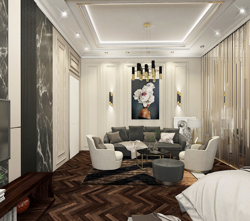 Интерьер гостиной с проходной и световыми линиями в неоклассике, в восточном стиле, ампире и готике