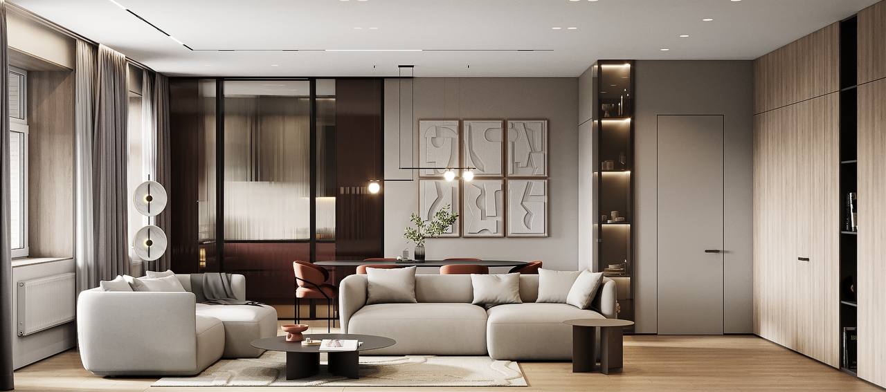 Интерьер гостиной с диваном и стеклянными перегородками