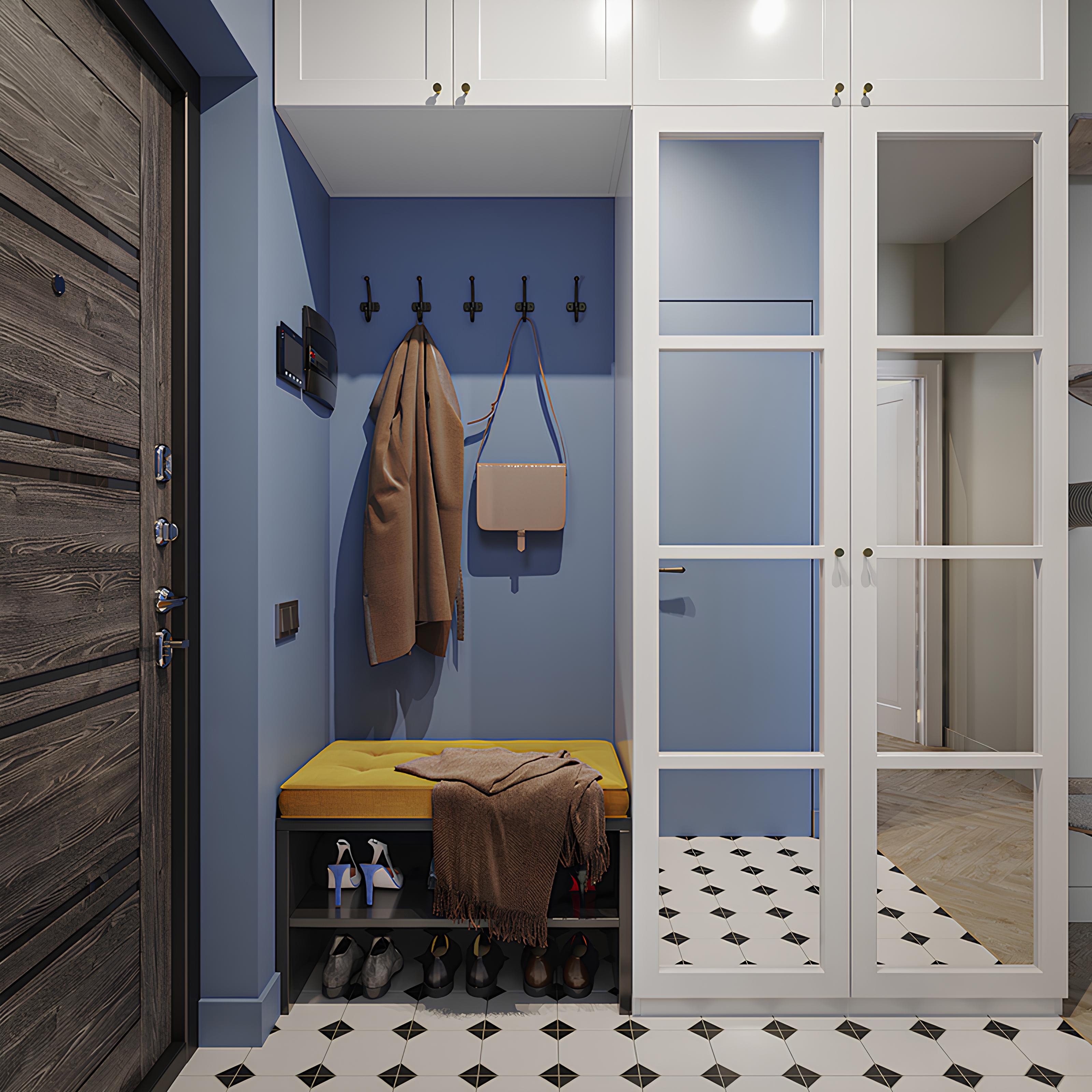 Интерьер яркой прихожей со зеркальным шкафом