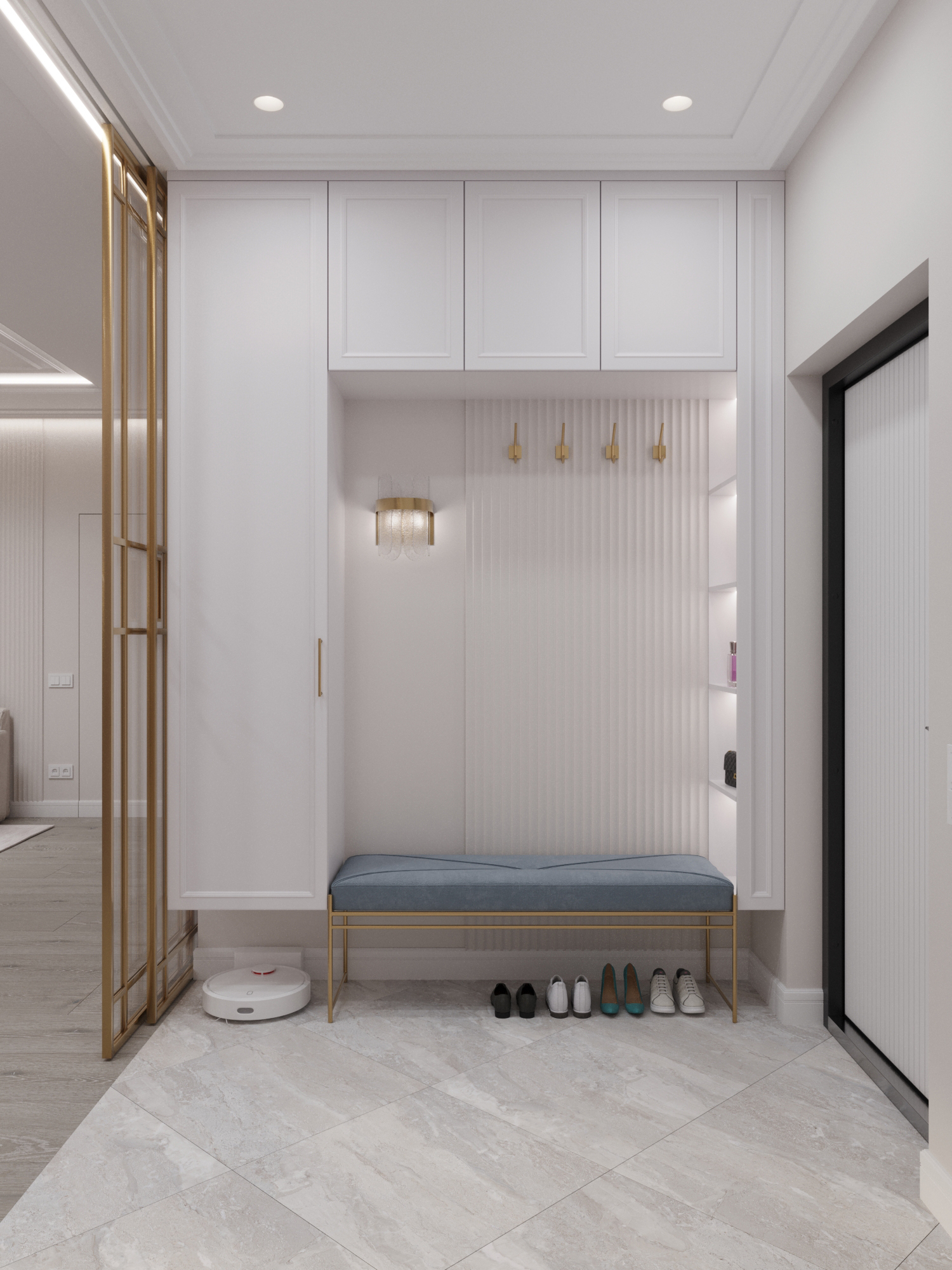 Интерьер светлой прихожей с банкеткой