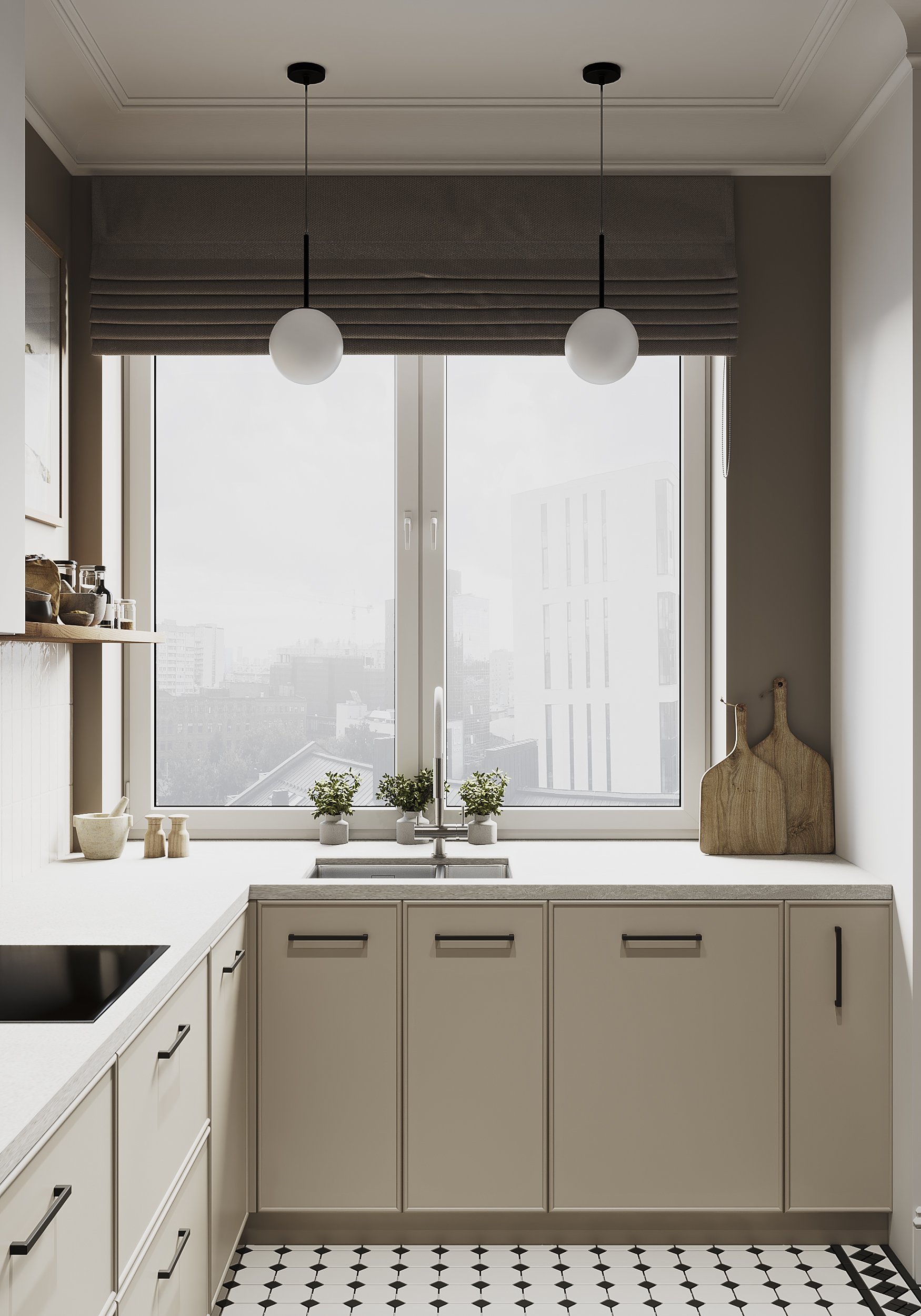 Кухня без верхних шкафов с открытыми полками и декором