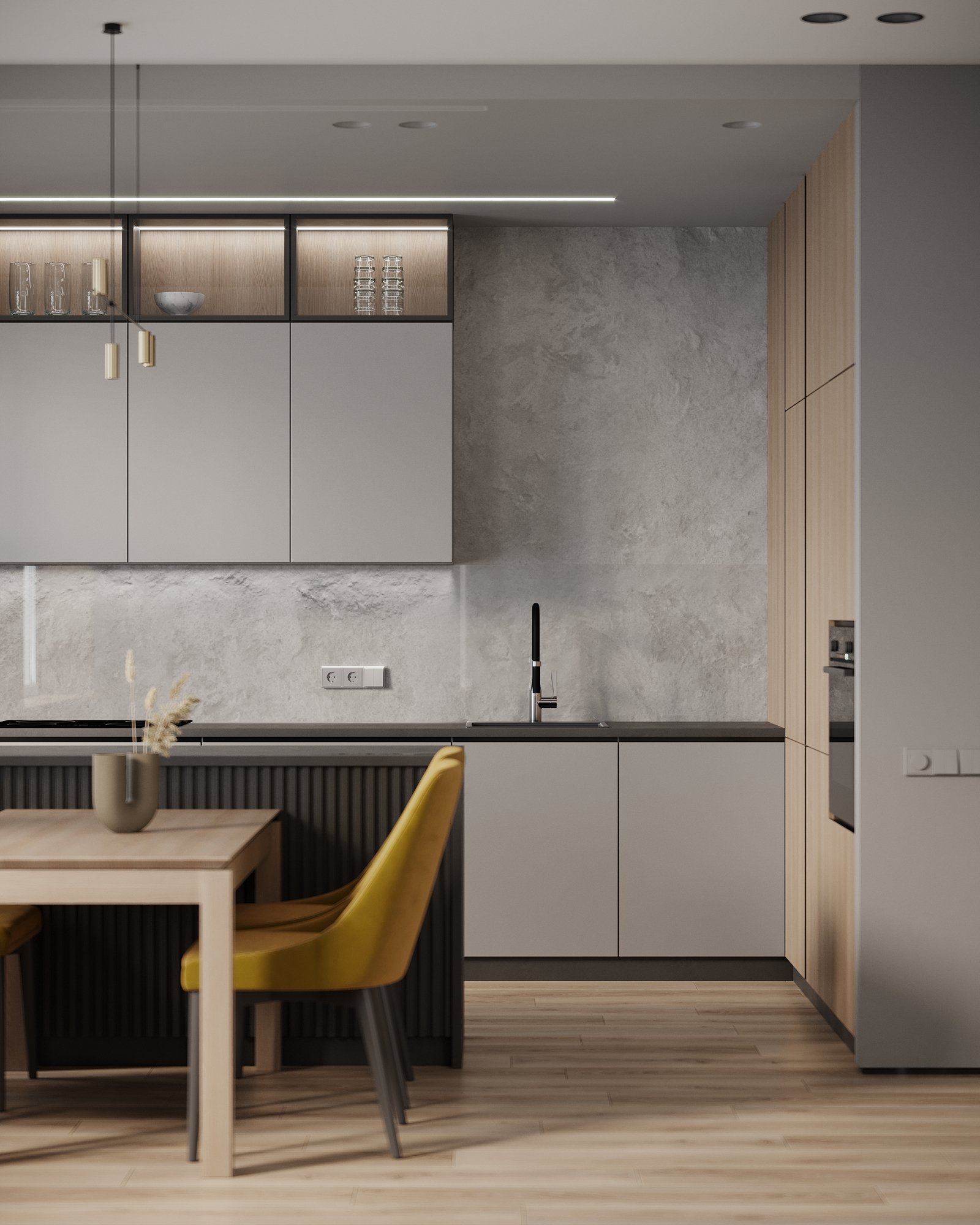 Кухня с фасадами из стекла и металлическими вставками