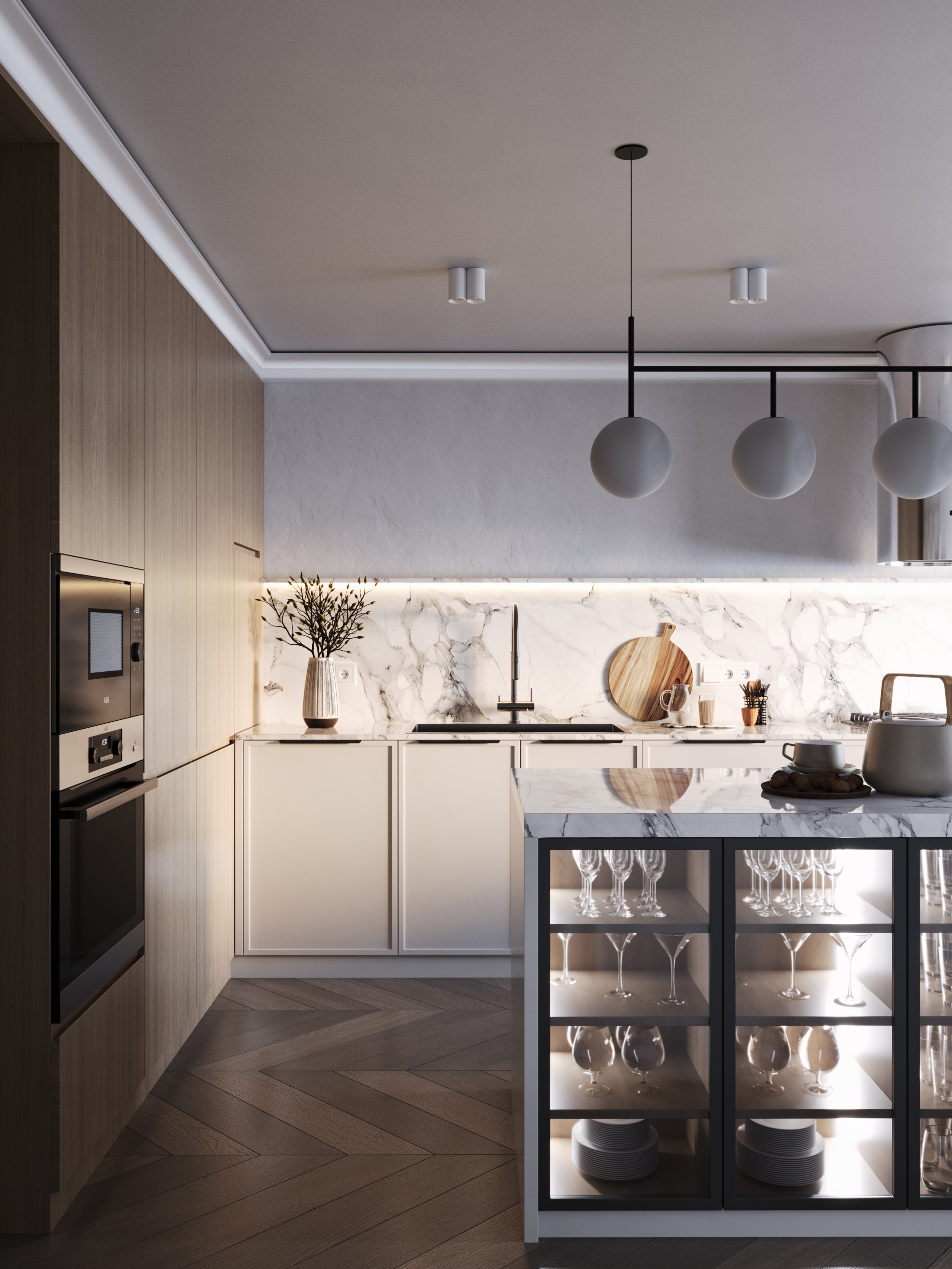 Этническая кухня с деревянными элементами и традиционным орнаментом