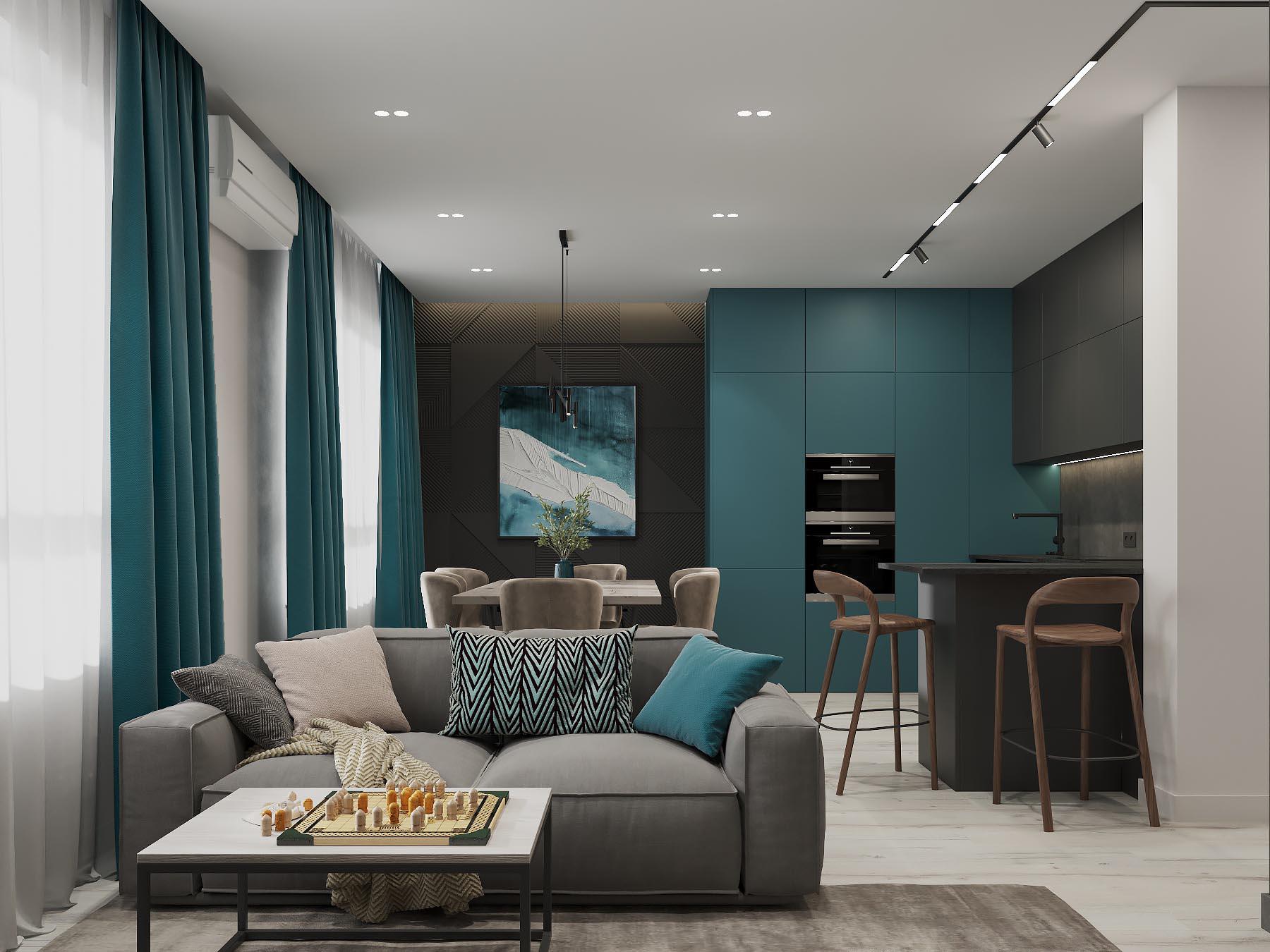 Современная гостиная с бирюзовыми акцентами и открытой планировкой