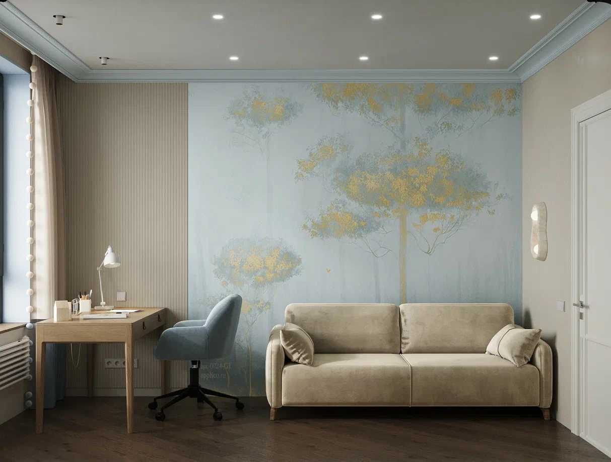Интерьер гостиной с рабочей зоной