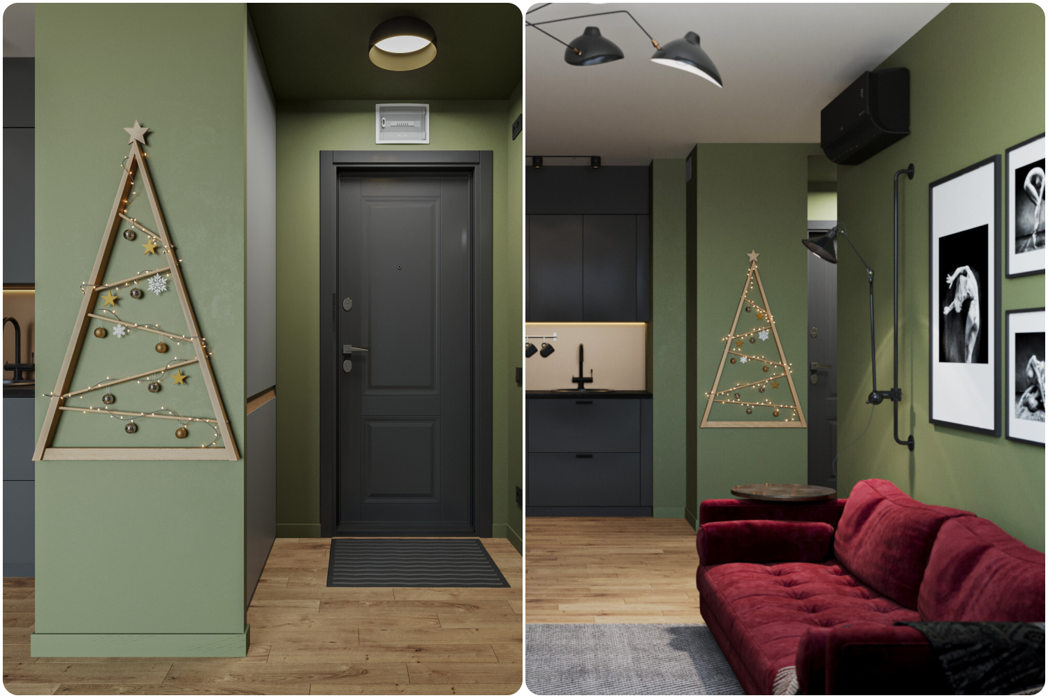 Новогодний интерьер с зелеными стенами