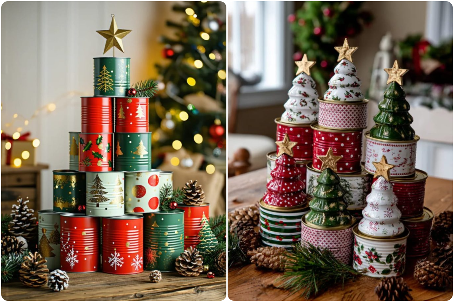 декорации в виде елок из банок