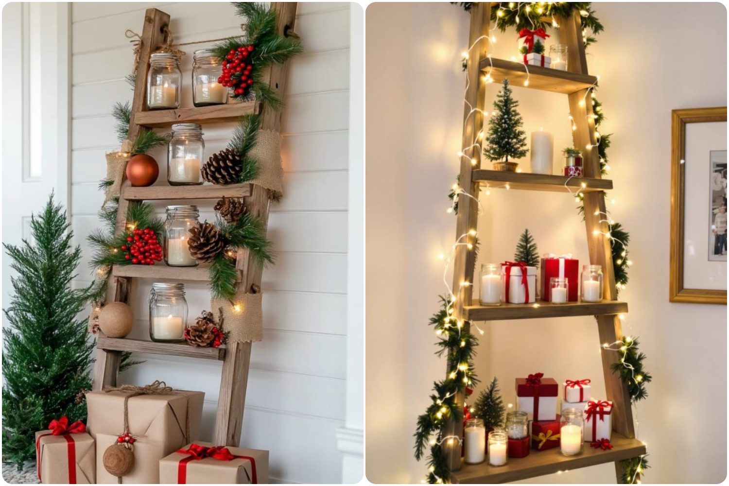 деревянная лестница с новогодним декором