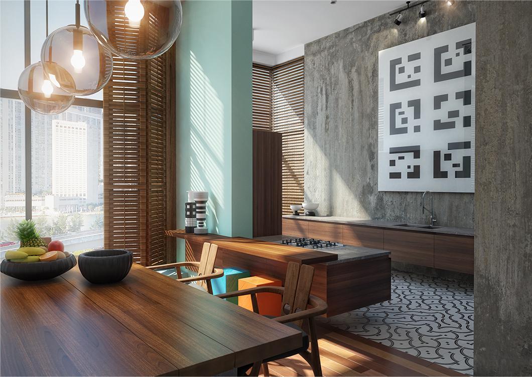 Яркая кухня-гостиная Гостиная с кухней в этностиле