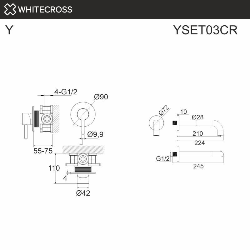 Система для ванны скрытого монтажа WHITECROSS Y YSET03CR, хром