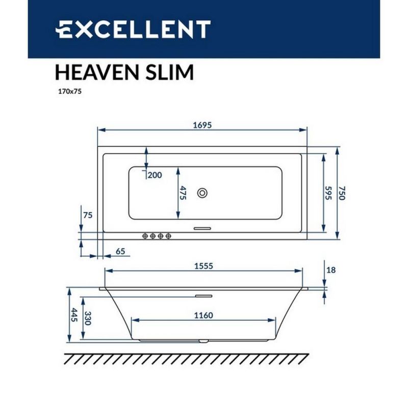 Акриловая ванна Excellent Heaven Slim WAEX.HEV17S.ULTRA.CR 170x75  с г/м, хром