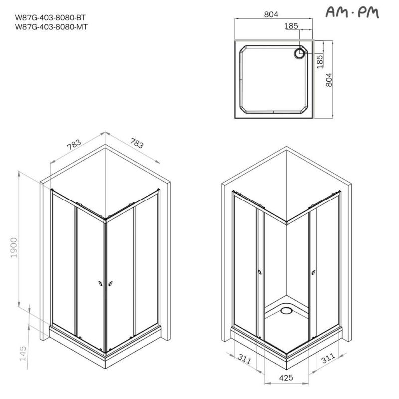 Душевой уголок AM.PM Sunny W87G-403-8080-BT 80x80 см, черный матовый