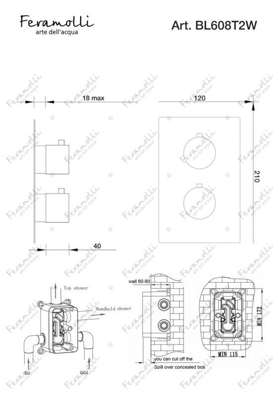 Термостатический смеситель скрытого монтажа на 2 потока Feramolli Termostato BL608T2W, черный