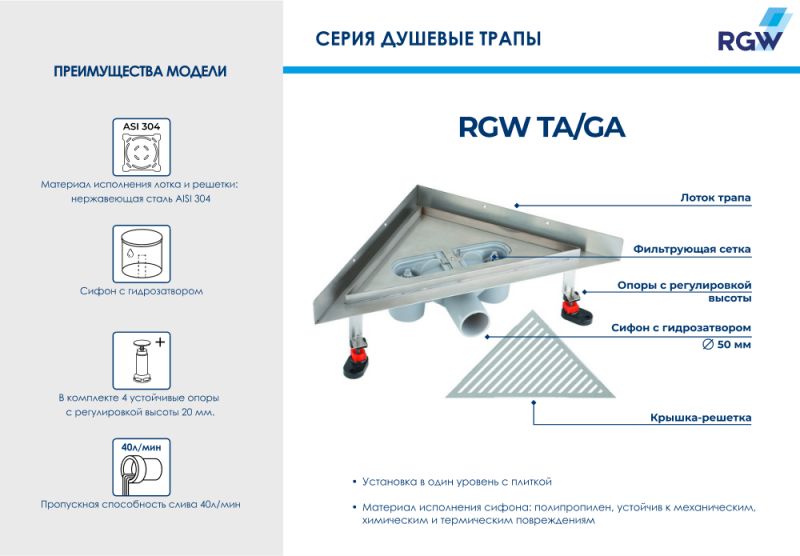 Трап для душа угловой RGW TA/GA 07210734-02 48х34 см