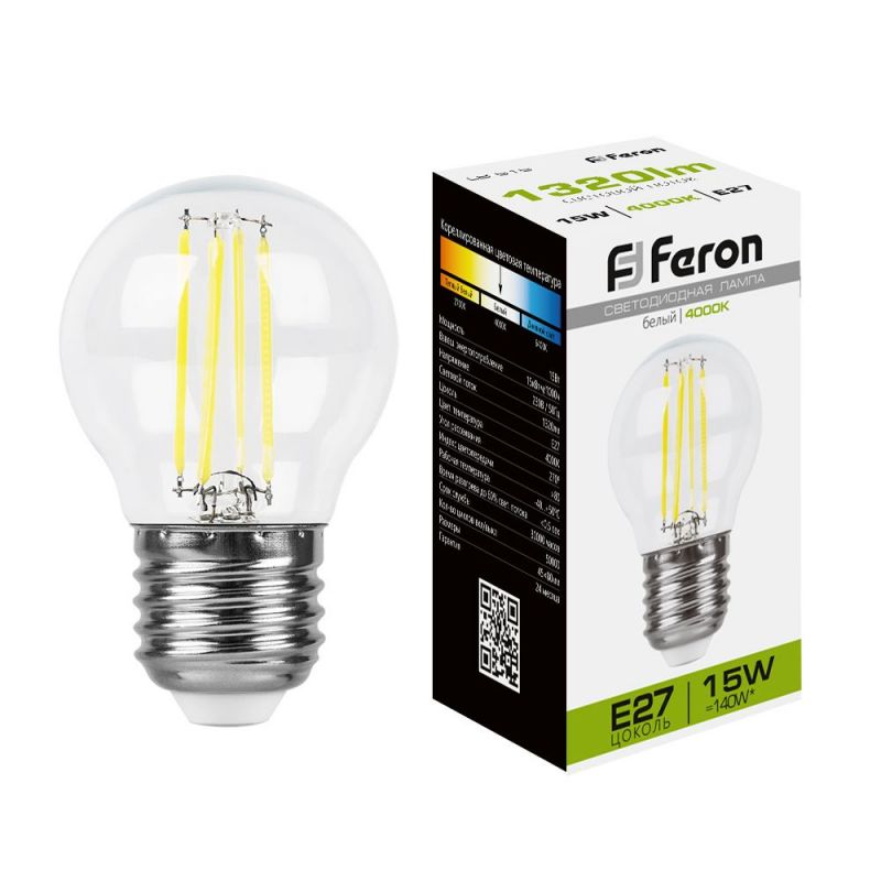 Лампа светодиодная Feron 15W E27 4000K прозрачная 38253 фото 1