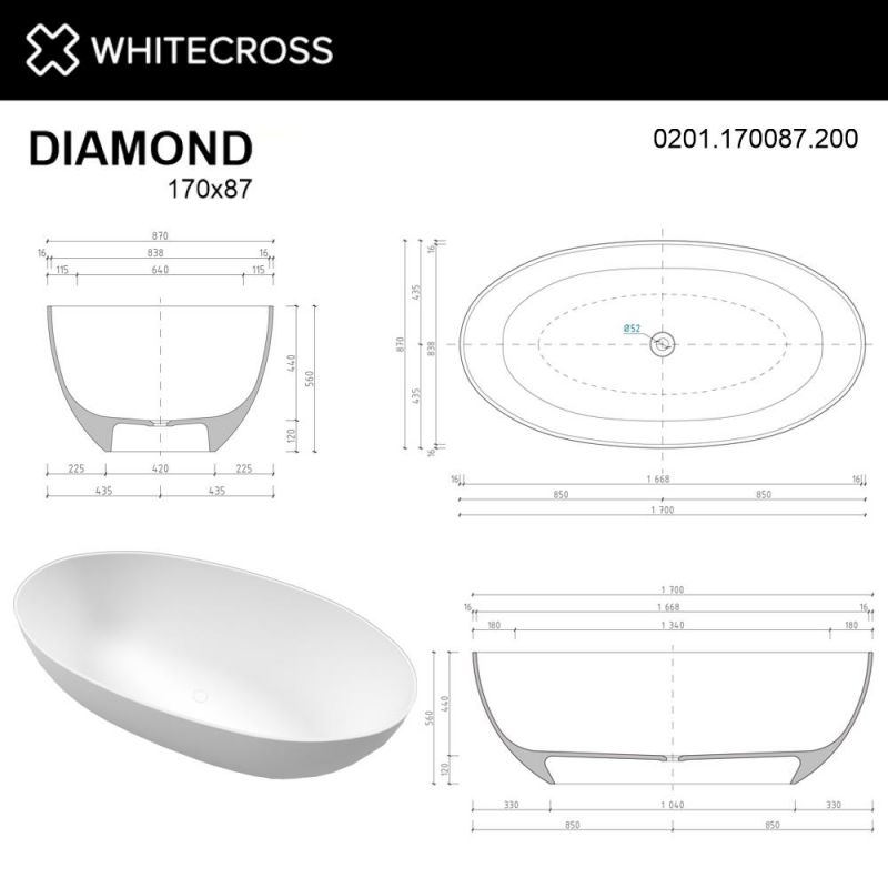 Ванна из искусственного камня WHITECROSS 0201.170087.200 Diamond 170x87 белый матовый фото 7