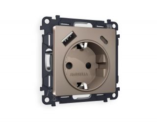 Комплект механизма электрической розетки Ambrella Volt ALFA Темная бронза матовый 2USB A+C 20W быстрая зарядка с заземлением и шторками 2P+E 16A-250V QUANT MA640010