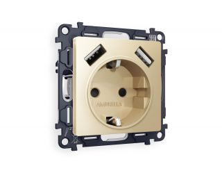 Комплект механизма электрической розетки Ambrella Volt ALFA Шампань 2USB A+A 18W быстрая зарядка с заземлением и шторками 2P+E 16A-250V QUANT MA609010