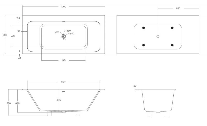 Ванна из искусственного камня  CEZARES Slider CZR-SLIDER-170-80-57-SSB 170x80