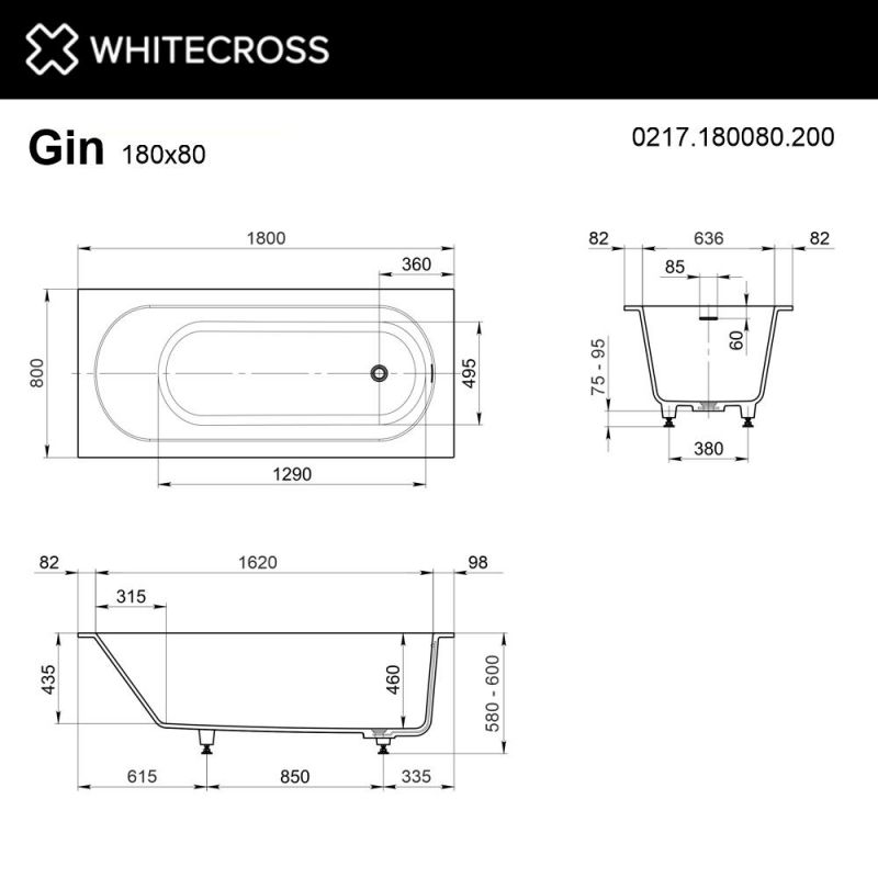 Ванна из искусственного камня WHITECROSS Gin 0217.180080.200 180x80 (белый мат) иск. камень фото 4