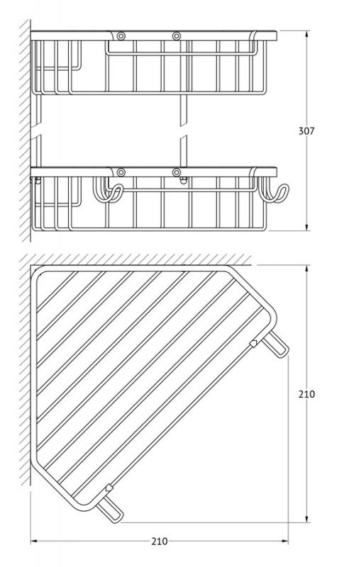 Полочка-решетка с крючками угловая 2-х ярусная 23/23 cm FBS Universal RYN 006