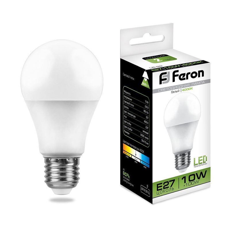 Лампа светодиодная Feron 10W 230V E27 4000K A60, LB-92 25458