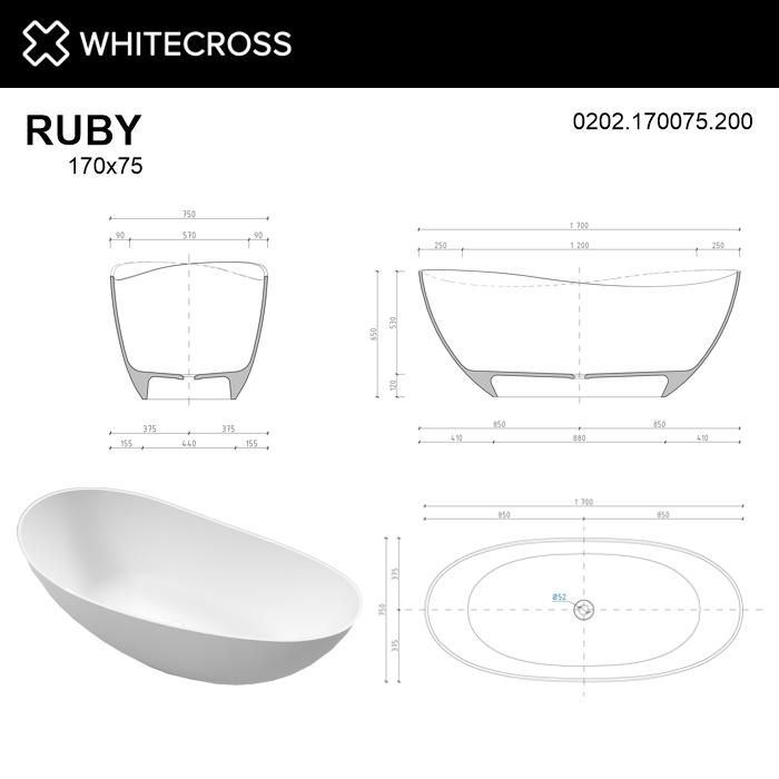 Ванна из искусственного камня WHITECROSS 0202.170075.200 Ruby 170x75 белый матовый