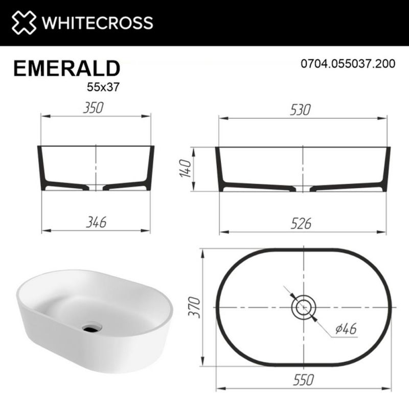 Раковина WHITECROSS 0704.055037.200 Emerald 55x37 белый матовый