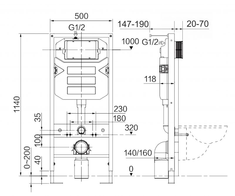 Подвесной унитаз Ceramica Nova Metric CN3007_1001B_1000 с инсталляцией и кнопкой смыва Round черной матовой