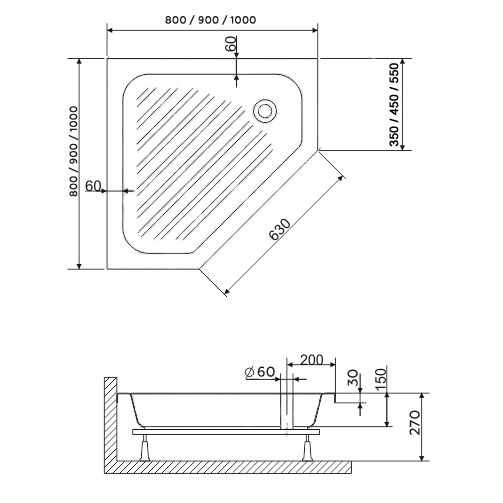 Душевой поддон трапеция RGW Acryl BT/CL-S (800x800)