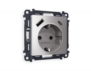 Комплект механизма электрической розетки Ambrella Volt ALFA Сталь матовый 2USB A+C 20W быстрая зарядка с заземлением и шторками 2P+E 16A-250V QUANT MA510010