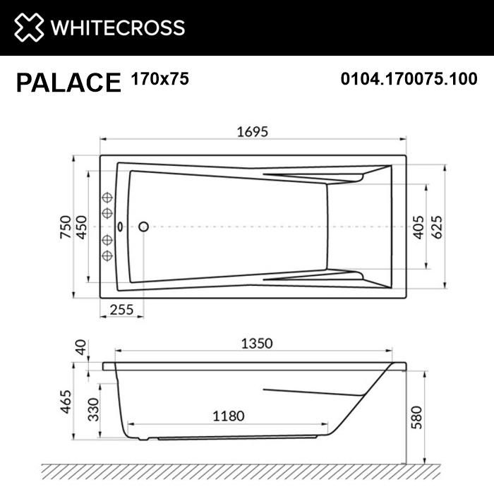 Акриловая ванна WHITECROSS Palace 0104.170075.100.LINE.BR, 170x75 см, с гидромассажем