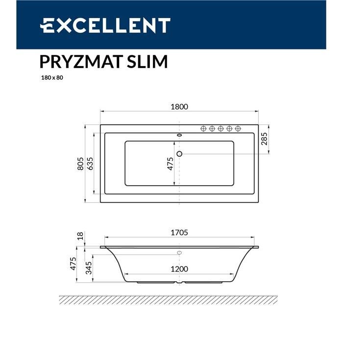 Акриловая ванна Excellent Pryzmat Slim WAEX.PRY18S.ULTRA.CR 180x80 с г/м, хром