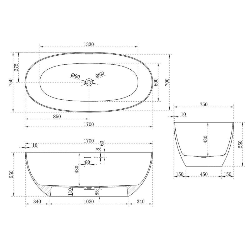 Ванна из искусственного камня Vincea VBT-6S01MW 170x75 белый