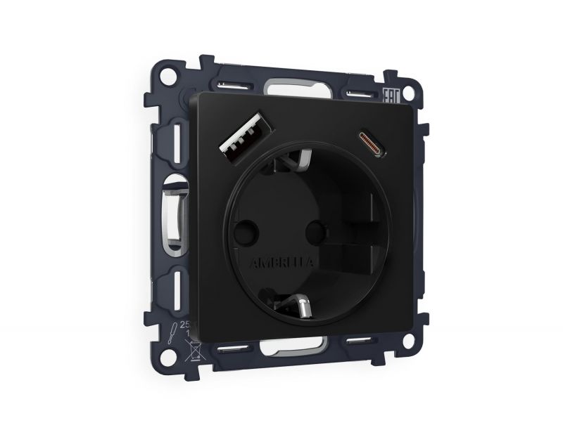 Комплект механизма электрической розетки Ambrella Volt ALFA Черный матовый 2USB A+C 20W быстрая зарядка с заземлением и шторками 2P+E 16A-250V QUANT MA810010 фото 1