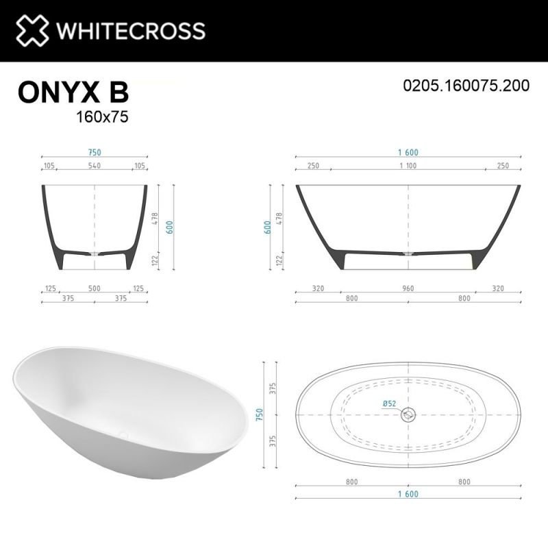 Ванна из искусственного камня WHITECROSS 0205.160075.200 Onyx B 160x75 белый матовый фото 7