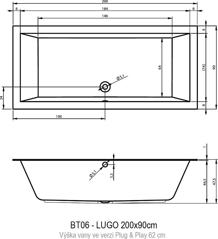 Акрилова ванна Riho Lugo B137015005 200х90 см.