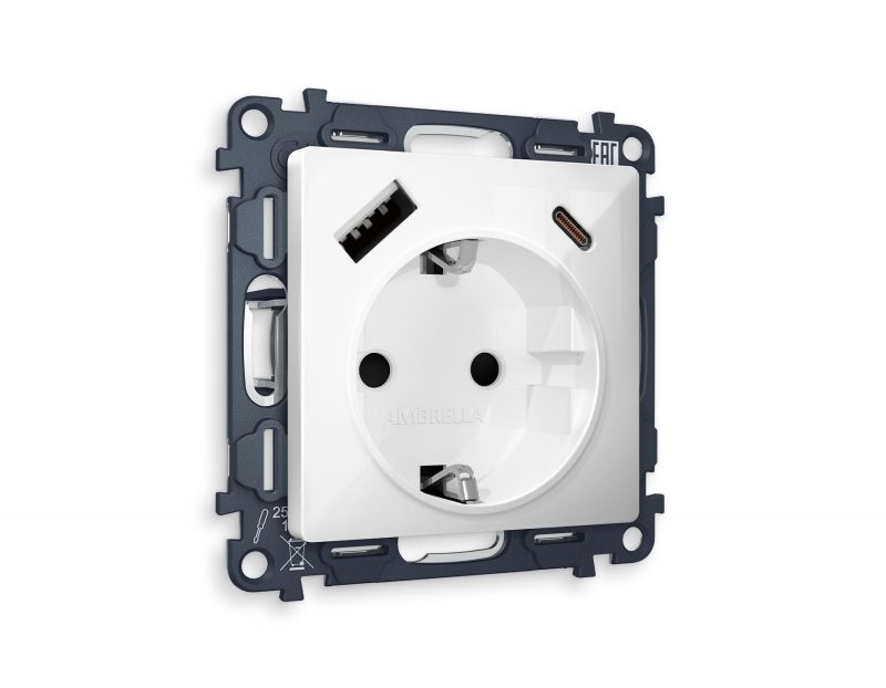 Комплект механизма электрической розетки Ambrella Volt ALFA Белый глянец 2USB A+C 20W быстрая зарядка с заземлением и шторками 2P+E 16A-250V QUANT MA110010 фото 1
