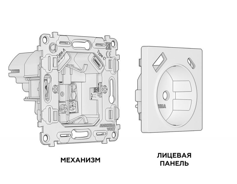 Комплект механизма электрической розетки Ambrella Volt ALFA Белый глянец 2USB A+C 20W быстрая зарядка с заземлением и шторками 2P+E 16A-250V QUANT MA110010 фото 4