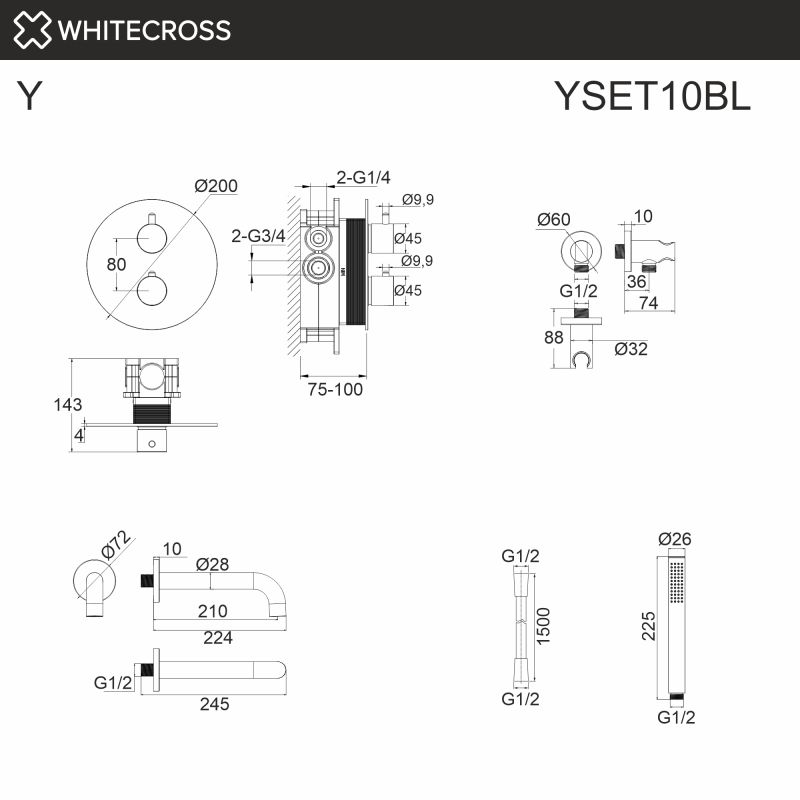 Термостатическая система для ванны скрытого монтажа WHITECROSS Y YSET10BL, черная матовая